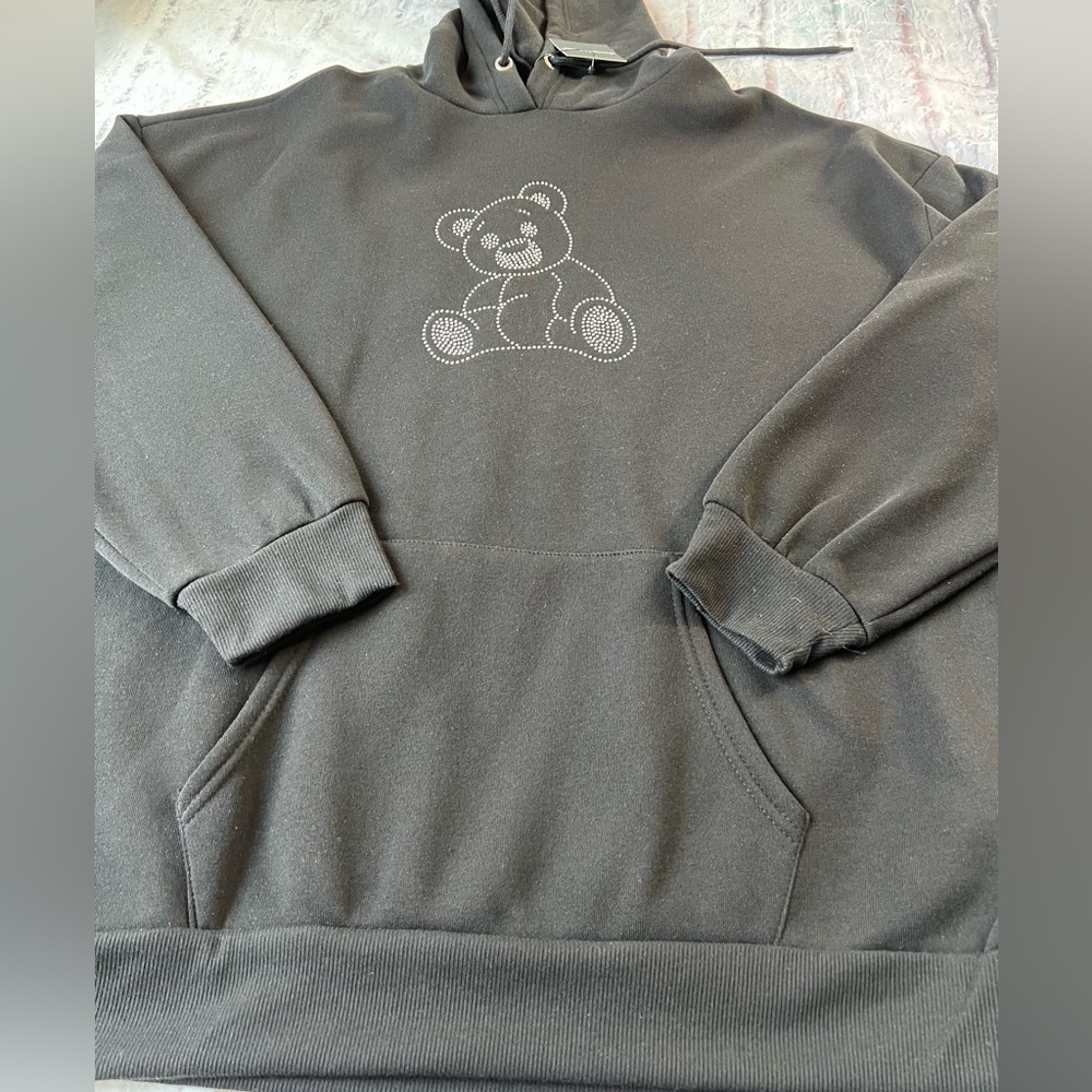 New Large Black Hooded Hoodie Sweatshirt Mens Womens Fall Winter Bear Studded